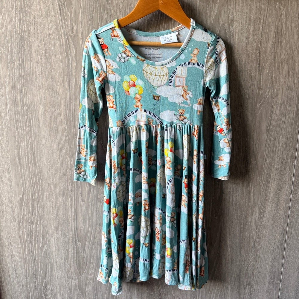 Posh Peanut x FAO‎ Schwarz Dress Girls 4T Teal Whimsical Toy Bear Bamboo Skater
